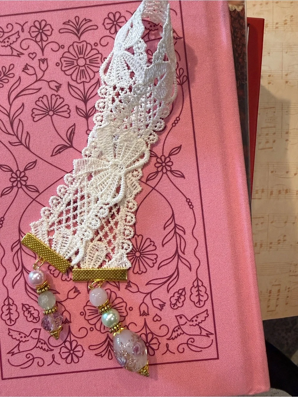 Lace Bookmark with beaded tassels and Gold Accents